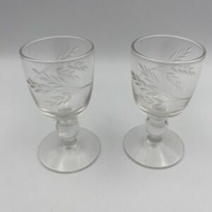 Vintage Etched Wheat Cordial Glass Pair Footed‎ Very Pretty